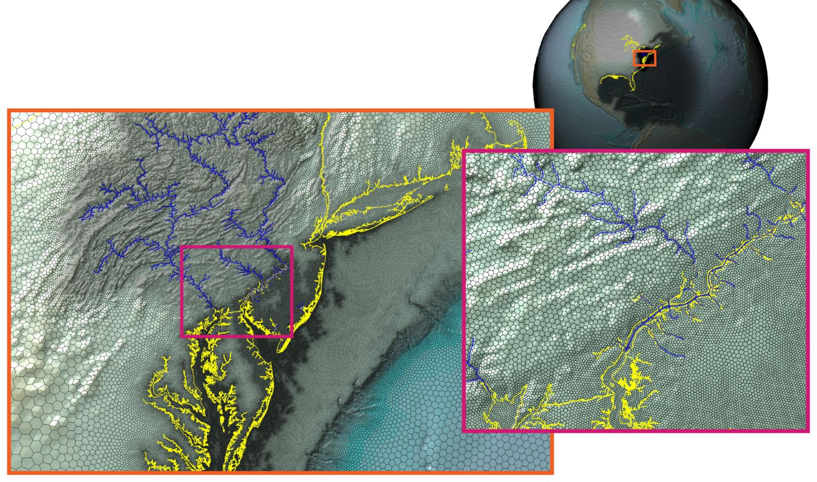 New unified E3SM computational grid, with ocean, land-surface and river components represented using consistent, regionally-refined meshes to facilitate two-way flux coupling.