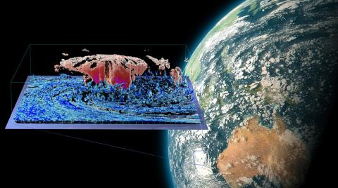 CLOUD PREDICTIONS: A snapshot from a cloud-resolving Simple Cloud Resolving E3SM Atmosphere Model simulation shows a tropical cyclone off the west coast of Australia. The global view displays clouds where the condensed water content is greater than 0.1 grams of water per kilogram of air. The inset shows a 3D cross section with ice mass in red and liquid cloud structure in blue. (Image by Brad Carvey)