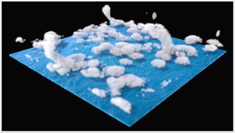 Figure 1. Snapshot of cloud liquid mixing ratio from a simulation of shallow cumulus convection using DP-SCREAM with dx = dy = 100 m.