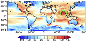 Energy input to the atmosphere in northern hemisphere summer. The maximum occurs over the northern Indian Ocean (outlined in green).