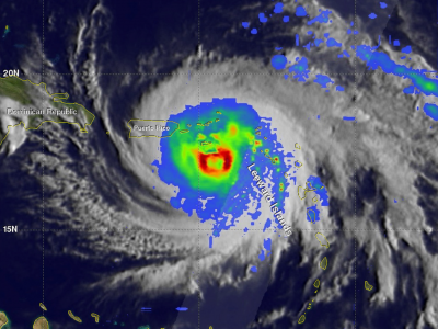 Colorized satellite image of a tropical cyclone over the Caribbean.