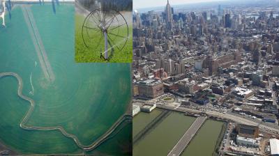 Composite photograph of irrigated fields and a cityscape