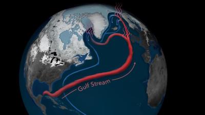 Image of the Earth with various circulation patterns drawn over the Atlantic Ocean