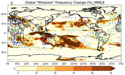 The projected increase of interannual precipitation volatility from five global-climate-model large ensembles. 