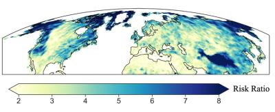 The Risk Ratio (RR) of extreme rainfall. An RR value of 2 means that an event is 2 times more likely to occur in a future climate. Regions in dark blue color (e.g., Pacific Mountain ranges, Rockies, Himalayas) have high risk of rainfall extremes in a future climate.