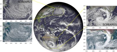 Snapshots of outgoing shortwave radiative flux at the model top from a January SCREAM simulation, taken two days into the simulation (2020-01-22 at 02:00:00 UTC). The orthographic projection in the middle panel shows model clouds represented by shortwave flux superimposed on a NASA Blue Marble image (NASA Visible Earth – Home). The insets show comparisons against Himawari-8 visible satellite imagery for two scenes: a cold air outbreak event near Siberia (left), and a cyclone south of Australia (right).