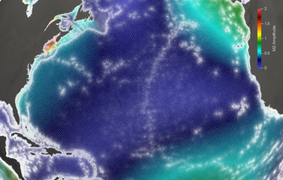 A variable resolution mesh for computing tides with 45-km cells in the open ocean and 5-km cells near the coast and steep bottom topography. (Image by Steven Brus | Argonne National Laboratory)