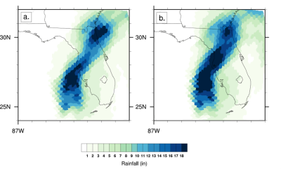 Ensemble average 3-day accumulated rainfall in inches (in) for the Hurricane Ian for CAM forecasts initialized on September 27, 2022 at 12Z for the (a) counterfactual and (b) actual ensembles.