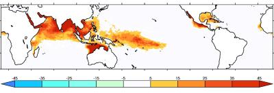 ERA5 1979-2019 average annual exceedance of category 6 wind speed threshold. Units: days.