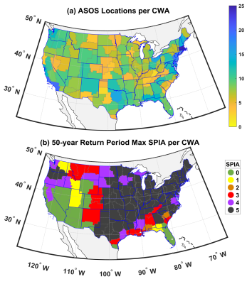 Compound hazard of freezing rain and wind gusts across the Continental United States. (a) Number of Automated Surface Observing Station (ASOS) sites within each County Warning Area (CWA). (b) 50-year return period maximum SPIA within each CWA (lowest = 0 and highest hazard = 5). 