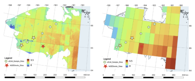 Figure 8: Annual maximum value of Leaf Area Index (LAI) across the Seward Peninsula: uELM simulation (left) and ILAMB product (right). 