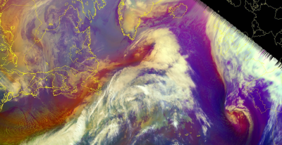 Intense water vapor intrusions in the atmosphere are responsible for most of the poleward moisture transport into the Arctic, which have been found to occur more frequently through the pathway over the North Atlantic Ocean in a warming climate. Image by National Oceanic and Atmospheric Administration [NOAA]/National Environmental Satellite, Data, and Information Service [NESDIS] Center for Satellite Applications and Research