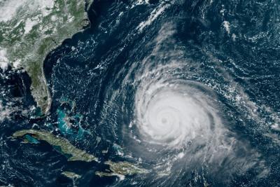 satellite image of a hurricane approaching the coast of florida in the USA