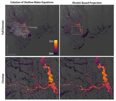 This figure compares flood depth predictions during Hurricane Harvey using traditional shallow water equations (left) and the new rivulet-based model (right). Both methods predict similar flood patterns, showcasing the rivulet approach's efficiency and accuracy.