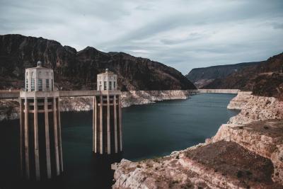 Water between dam in Rocky Mountains