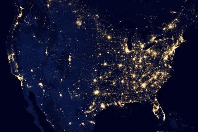 Satellite image of the United States at night.