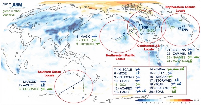 This figure illustrates field campaigns in the four focus areas, overlaid with anthropogenic aerosol-mediated net top-of-atmosphere radiative effects of liquid clouds in E3SMv1.