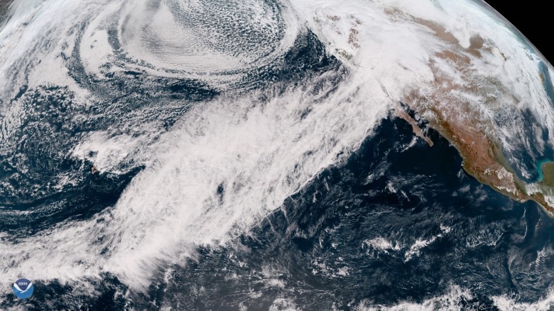 A February 2019 atmospheric river drenches California with heavy rain and mountain snow.