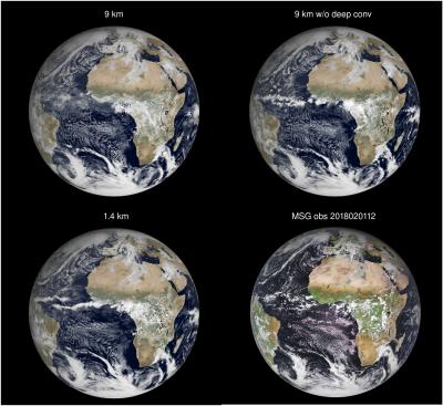 Simulated visible satellite images of the 9 km simulation with (top left) parametrized deep convection and (top right) without parameterized deep convection (meaning the deep convection was explicitly simulated) and (bottom left) of the 1.4 km simulation with explicitly simulated deep convection. The verifying visible Meteosat Second Generation satellite image is also shown (bottom right), at the same verifying time. Reference: http://doi.org//10.1029/2020MS002192. 