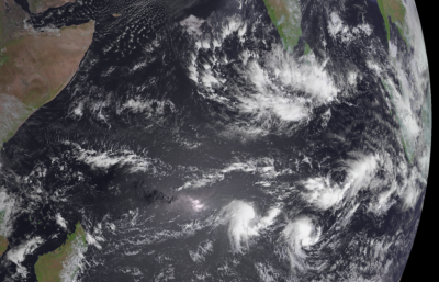 Clouds over the Indian Ocean on 1 January 2021 (5.30 am GMT), taken by the Spinning Enhanced Visible and InfraRed Imager on board the geostationary Meteorological Satellite 8. 