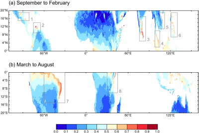 Fraction of rain received during autumn (red-orange regions are autumn monsoon climates).