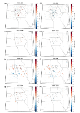 Mean seasonal difference in air temperature at 2m for each grid cell: WT on minus no WT for two parameterizations (Fitch and EWP).  Differences are only shown for grid cells for which a two-sample t test indicated that the mean values derived from samples from the wind parameterization domain and the no-WT domain are significantly different. The black dots represent grid cells that contain WT in Iowa. 