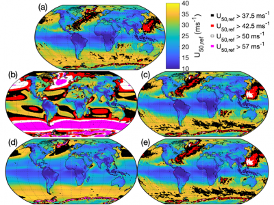 Maps from the extreme sustained wind speeds at 100 m AGL (ms-1) digital atlas. 50-year estimates (U50) are from the Gumbel distribution with: (a) Maximum Likelihood, (b) Uref from the Wind Turbine Design Standard (5x mean annual), (c) Method of Moments, (d) the Weibull parameters, and (e) the Graphical approach. White, red, black squares: estimates above thresholds for different onshore wind turbine classes (37.5, 42.5 and 50 ms-1). Magenta squares: above design threshold for tropical cyclones (57 ms-1).