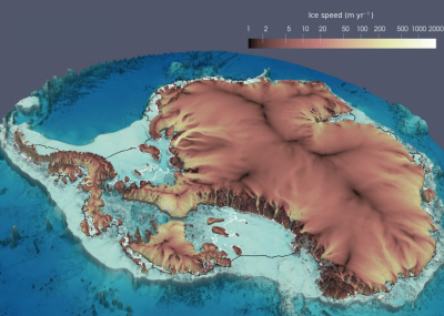  Simulated Antarctic ice sheet geometry and speed from MALI 200 years after the instantaneous removal of all floating ice shelves. 